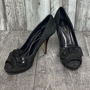 Kate Spade Suede Black Sequin Ruffle Peep Toe Heels